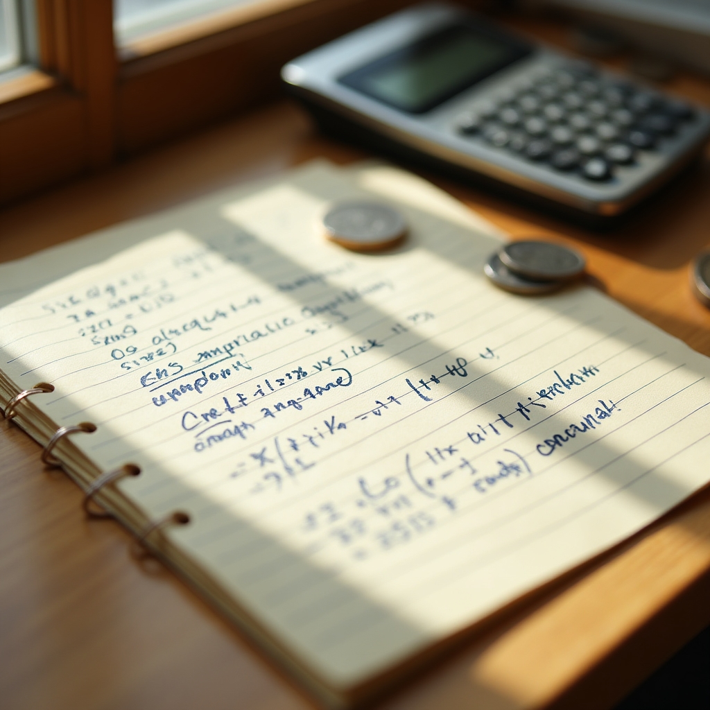 Calcule scrise de mână pe un notepad lângă un calculator